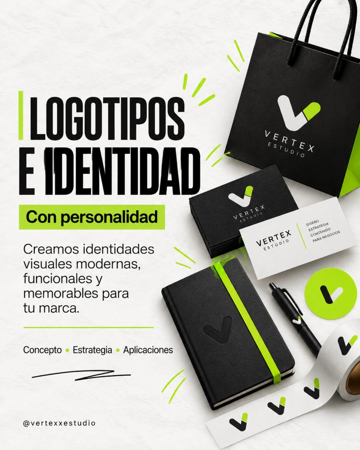 Muestra visual de logotipos e identidad Vertex Estudio